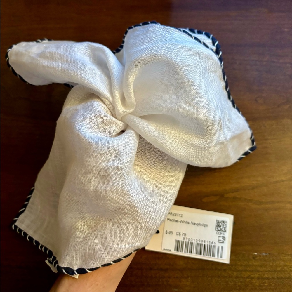White Stitch Edge Pocket Square. Pure Linen by Silk Pro, Italy